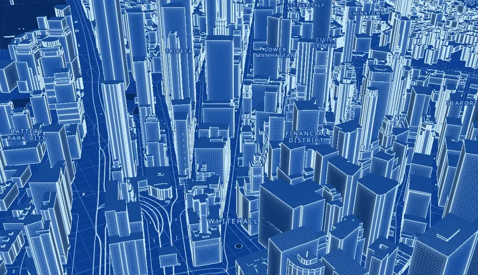 blueprint on lower Manhattan: a 4-metre grid on every roof and wall, glowing edges